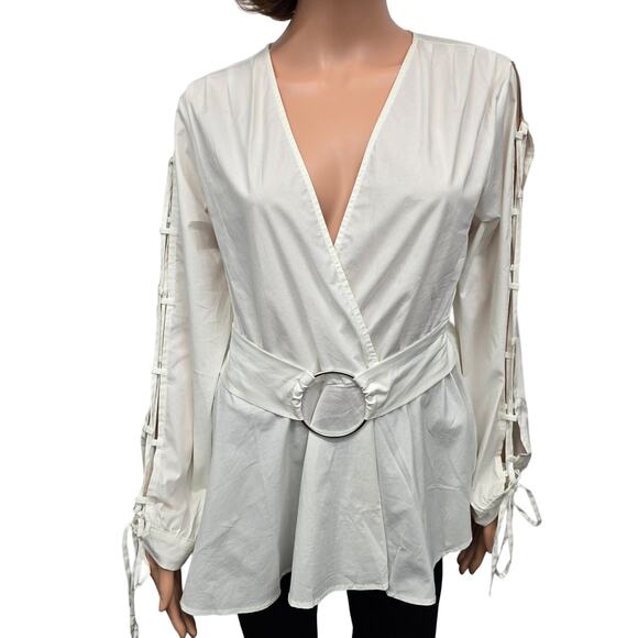 VENUS Top Blouse Women 6 White Open Long Sleeves Lace-up V-neck Belt Buckle - Picture 2 of 11